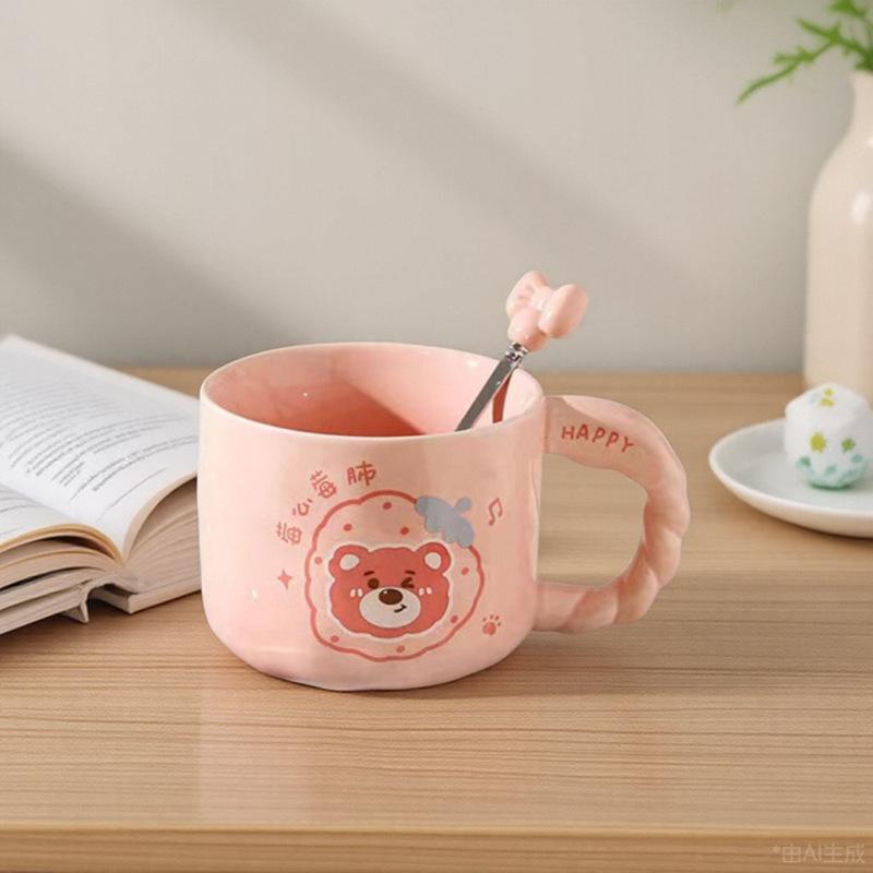 

Кружка с крышкой и ложкой, милая чашка в стиле Инс, керамическая чашка для воды высокой ценности, розовая медвежья, подарок на день рождения, сувенир 400ml