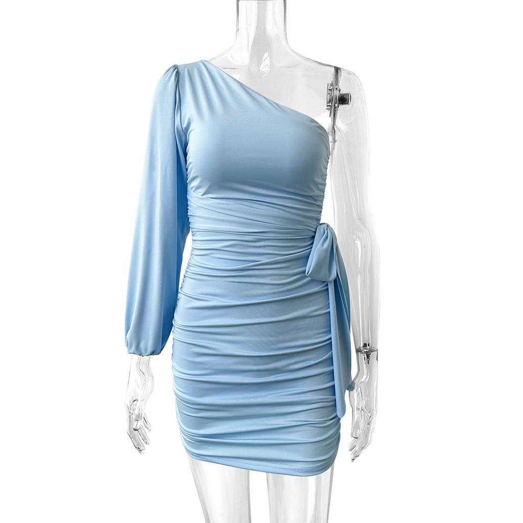 Europe and the United States Hot-selling Single Shoulder Long-sleeved Dress Diagonal Collar, Summer Sexy Off-the-shoulder Strap Pleated Women's Clothi