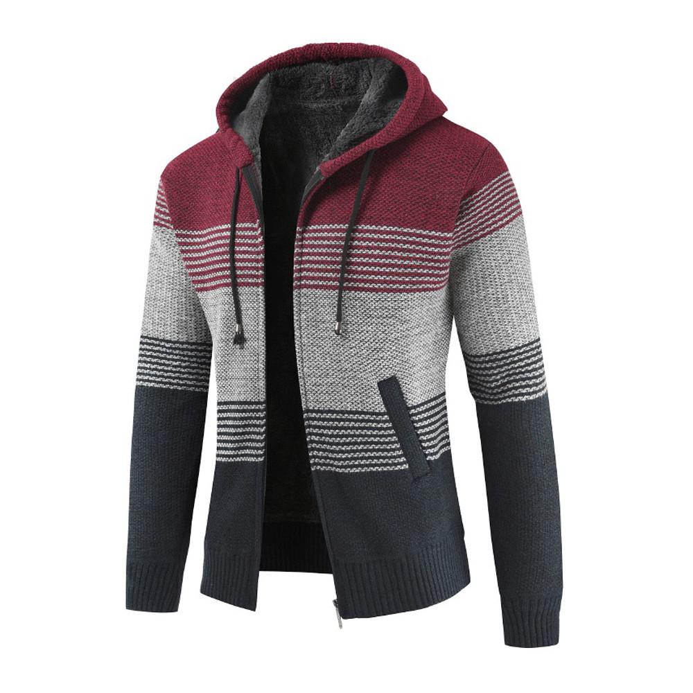 Mens Winter Cardigan Striped Zipper Hoodie Outwear Tops Sweater Blouse Coats
