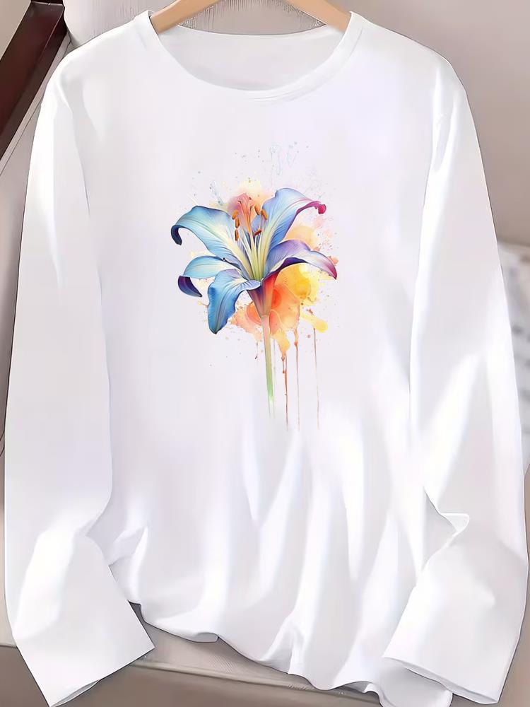 (Asian Size) Love Flower Style Casual Clothing Graphic Tee Women Autumn Winter Spring Fashion Top O-neck Print T Shirt Long Sleeve T-shirts