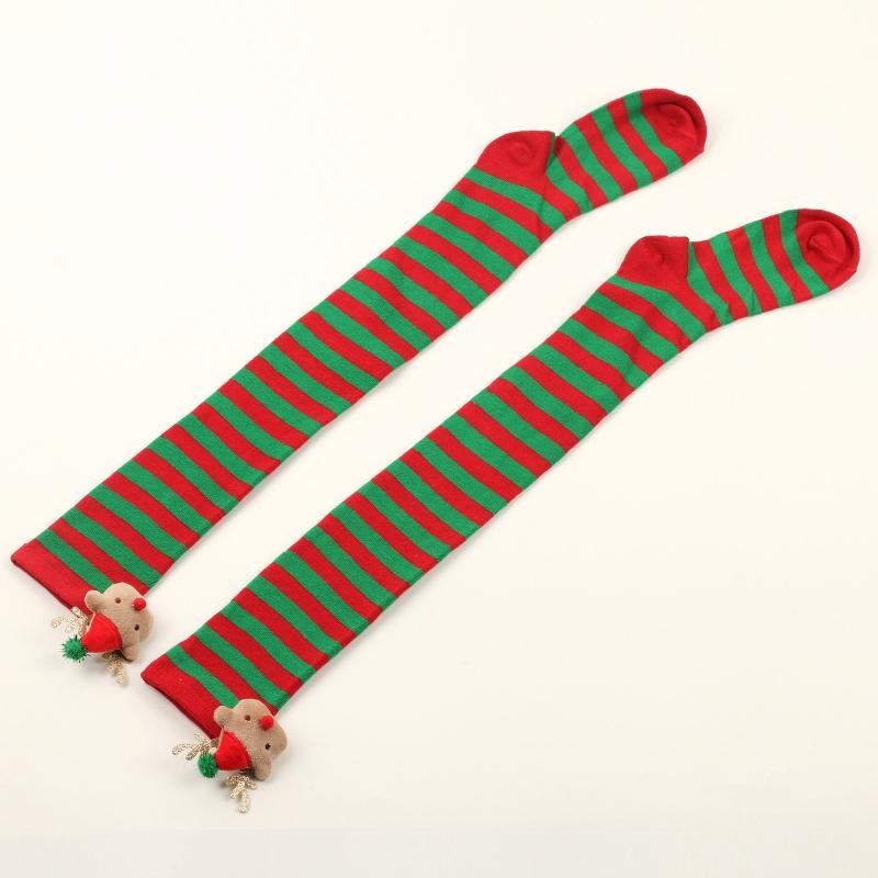 Women Christmas Over Knee Long Socks Cartoon 3D Elk Bowknot Striped Print Thigh High Stockings Holiday Party Hosiery