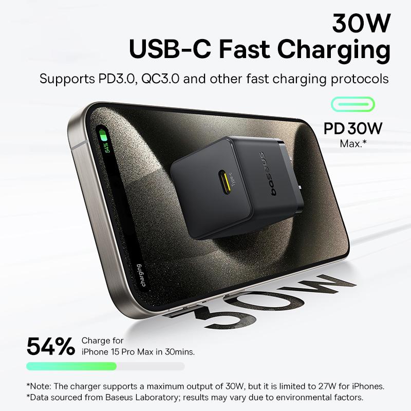 BASEUS Palm Fast Charger 30W Type-C Single Port US Plug Wall Charging Adapter with 60W Type-C Cable