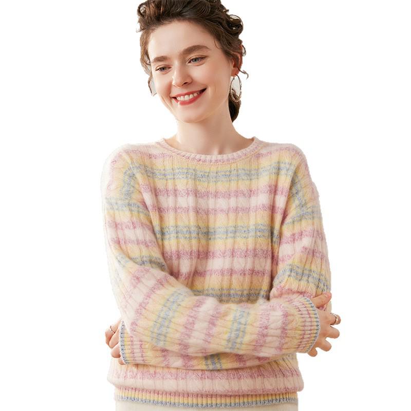 Damen-Farbblock-Kaschmirpullover - Herbst/Winter 2025: Dick, Locker, Rundhals, Zopfmuster, Schlankmachend, Lässiger Stil