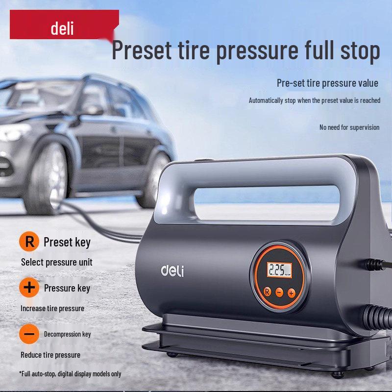 Deli 12V Portable Car Air Pump with Tire Pressure Gauge