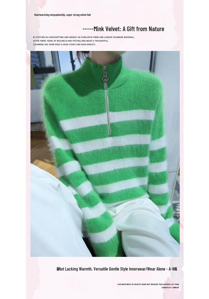 LeKasha Mink Cashmere Half-Zip Color Block Stripe Sweater