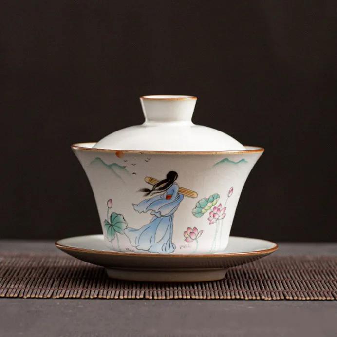 Chinesische Ru-Ofen Keramik Gaiwan Reise-Teeschale Haushalt Handgefertigte Teegeschirr-Zubehör Trinkgeschirr Tragbar Persönliche Teetasse 150ml