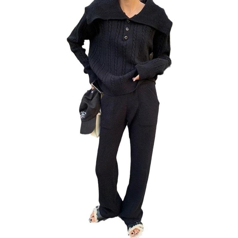 Lapel twist sweater women's two-piece set autumn and winter lazy casual new wide-leg pants knitted sweater set