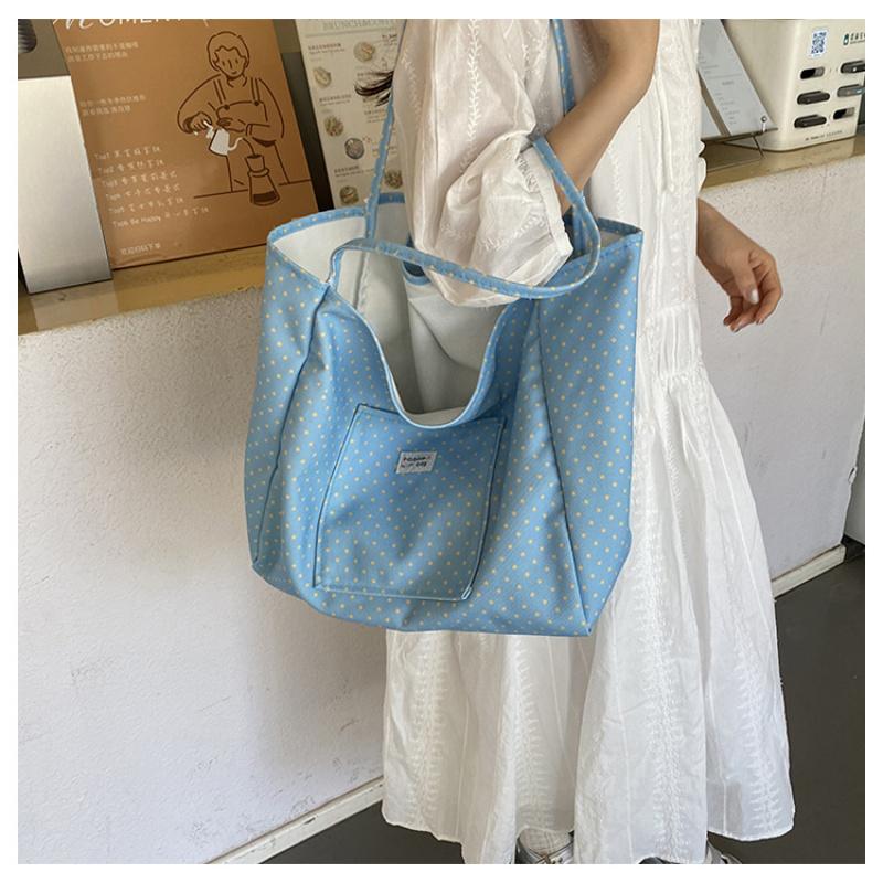 Large Capacity Canvas Tote Bag for Women Polka Dot Student School Commuting Korean Style Literary Shoulder Bag