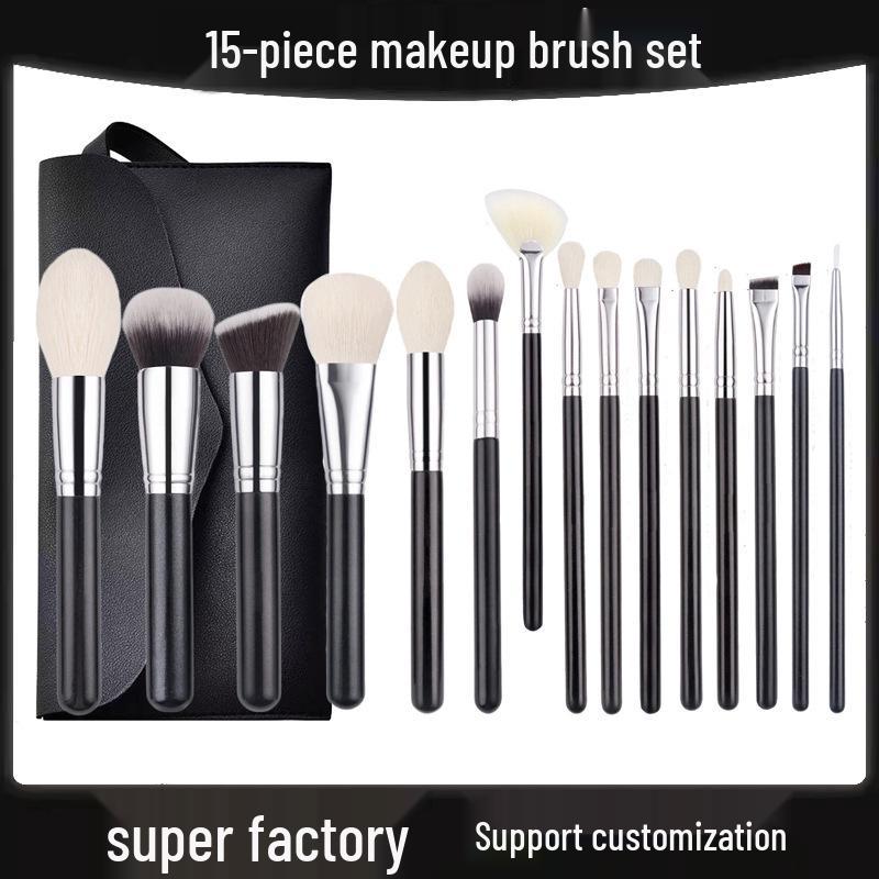 15dílná sada štětců na make-up s dřevěnou rukojetí a měkkými zvířecími štětinami: Obsahuje štětce na pudr, tvářenku a oční stíny