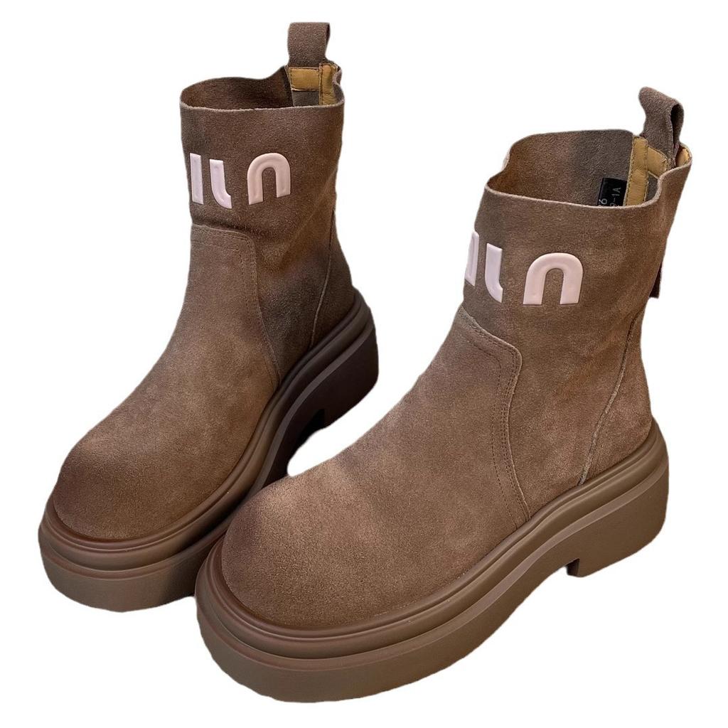 Frosted Letter Platform Short Boots Women's Slack Soft-soled Cowhide Chelsea Martin Boots Rear Zipper Shoes Tide
