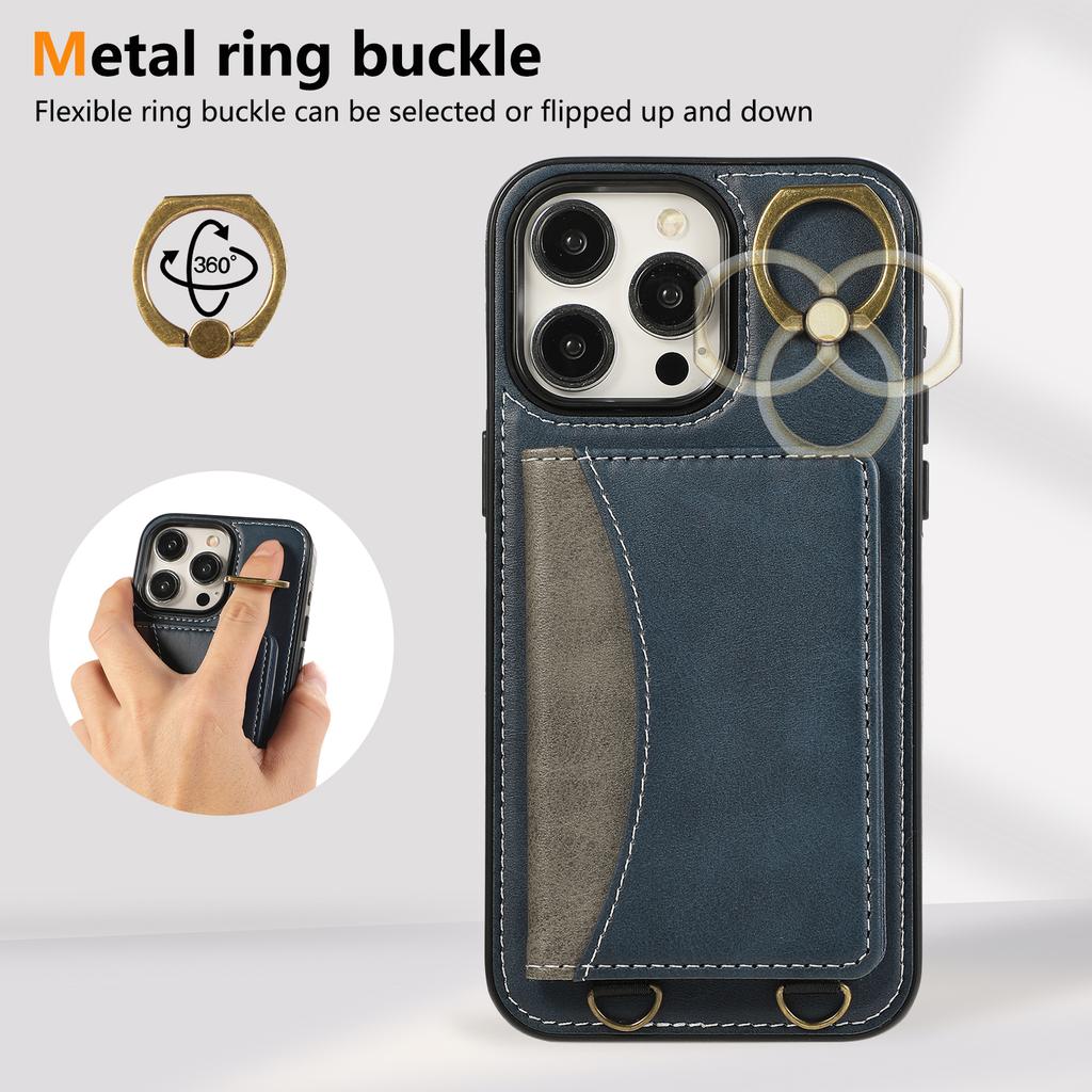 For iPhone 14 Pro PU Leather Back Case Card Holder Kickstand Phone Cover with Wrist Strap