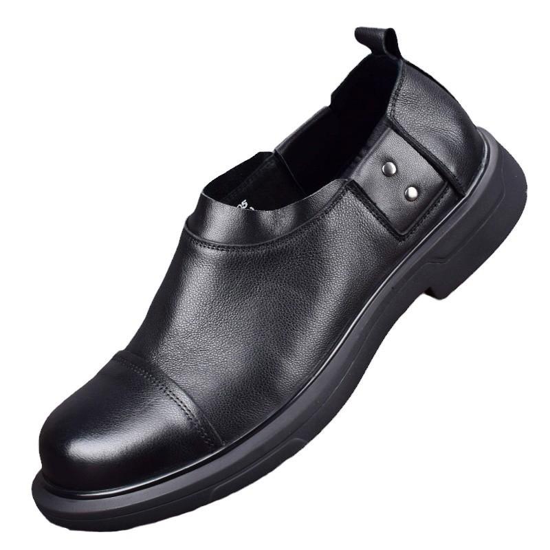 Leather First-Layer Cowhide Men'S Shoes Black Round Head Leather Shoes Men'S Breathable Trendy Shoes Personalized Business Blue Big Head Shoes