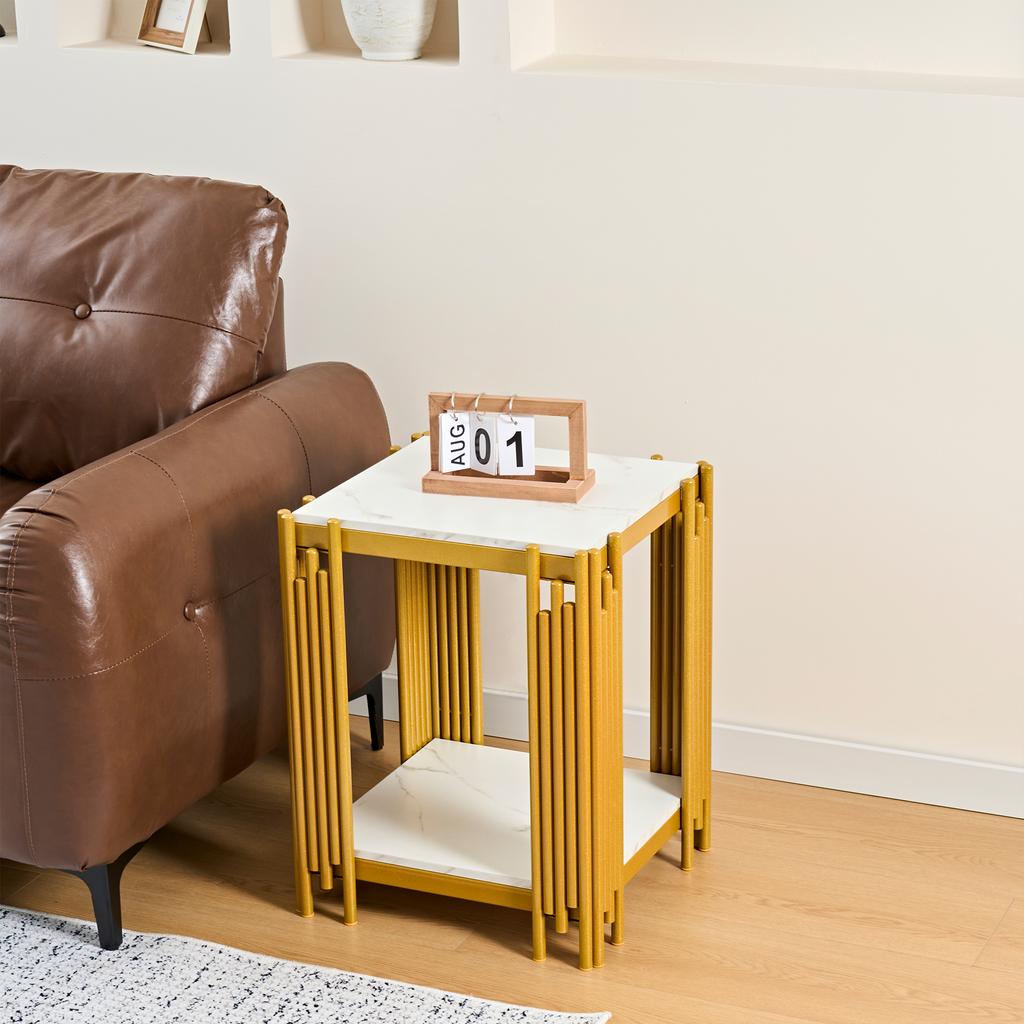 Nightstand with 2 Shelves, Gold Metal Frame with Glitter Effect, Marble Look, MDF for Bedroom, Living Room and Hallway, White & Gold-H55/W43/D40 cm