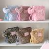 New Vintage Plush Leopard Print Makeup Bag for Girls Portable Skincare Organizer Students Small Toiletry Bag Women Clutch Purse