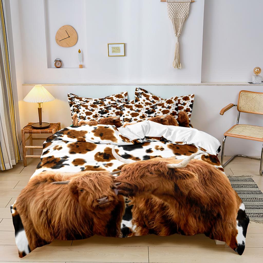 3pcs Highland Cow Pattern Duvet Cover Set Fabric With Digital Animal Print 1 Duvet Cover And 2 Pillowcases (No Quilt)