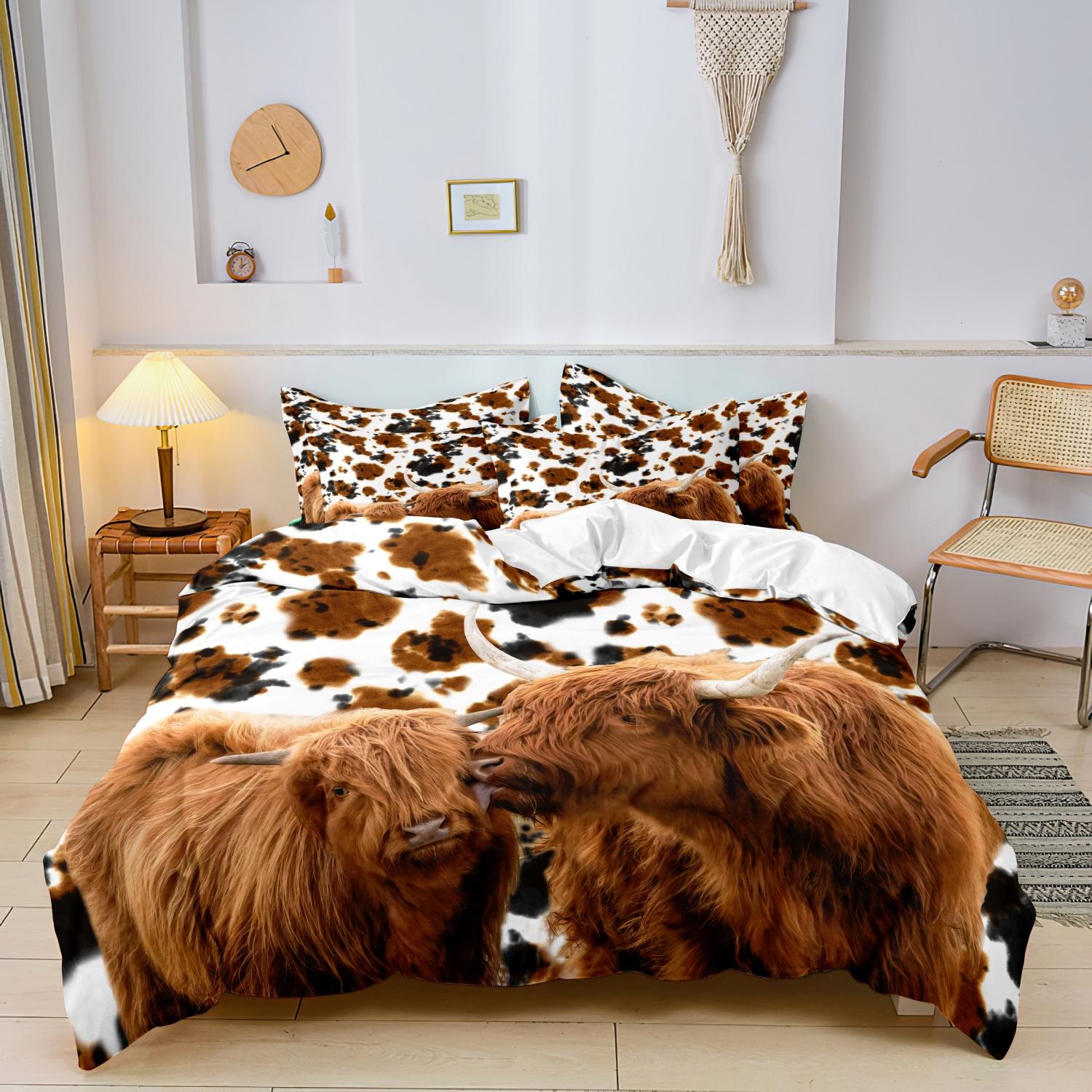 

3pcs Highland Cow Pattern Duvet Cover Set Fabric With Digital Animal Print 1 Duvet Cover And 2 Pillowcases (No Quilt) -135x200cm&set