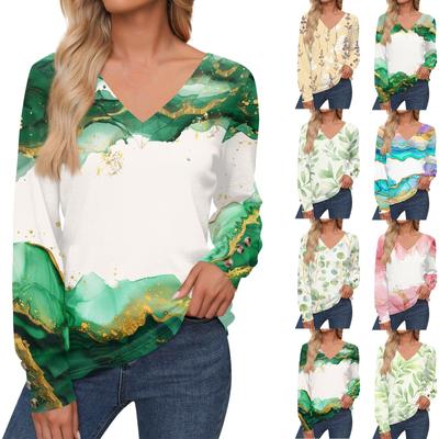 Women's Tops Floral Print Long Sleeve Shirt V Neck Casual Loose Tee Autumn Clothing