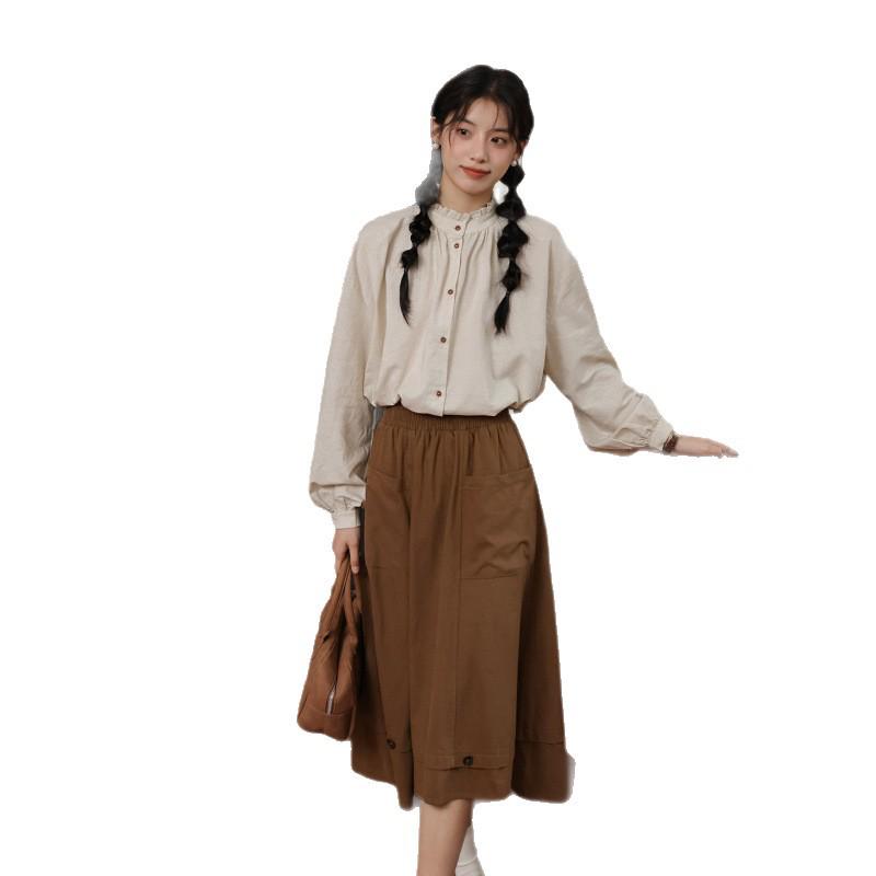 2026 Spring Women's Japanese Stand Collar Lace-Trimmed Slim Shirt