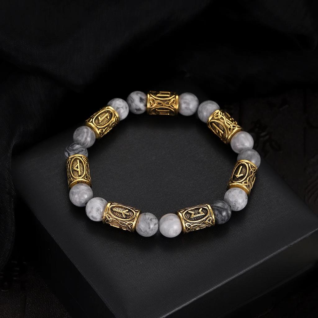 Classic Gold Vikings Runes Bracelet 8Mm Lava Stone Handmade Elastic Jewelry for Women Men