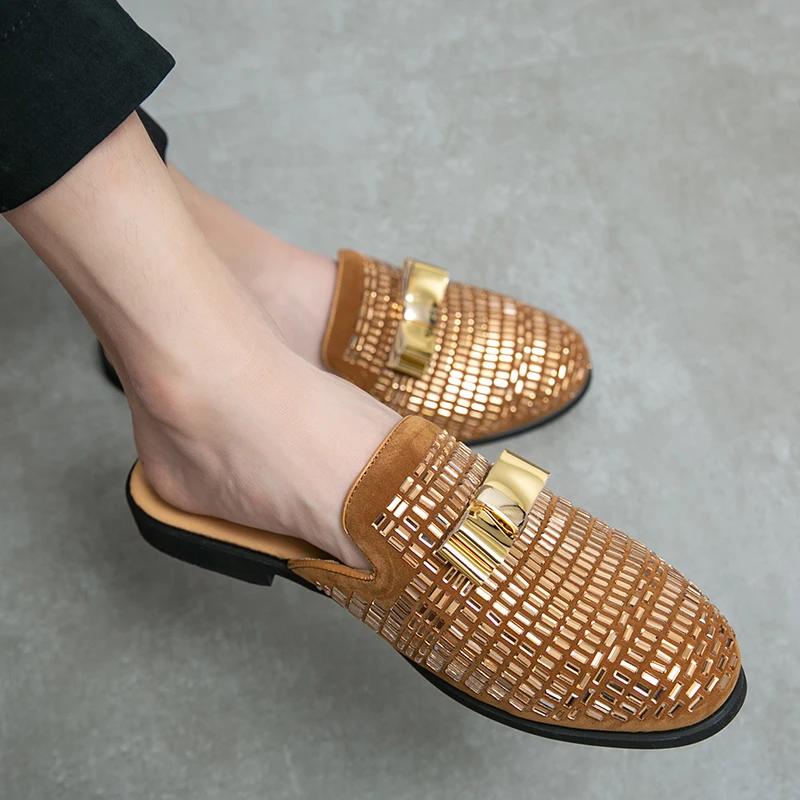 Fashion Summer Rhinestone Half Slippers Loafer Men's Shoes Mules Party Trendy Shoes Man Male Leather Casual Moccasins Shoes for Men