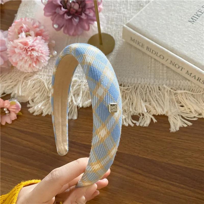 Spring New Sponge Headband for Women Elegant Gold Label Blue Wide Brimmed Hair Band Fashion Girl Face Wash Hair Hoop