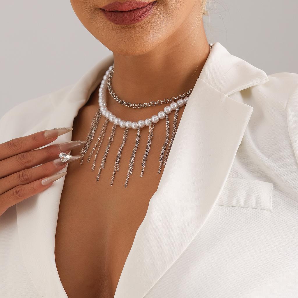 Jewelry Imitation Pearl Fringed Sweater Chain Design Sense Double-Layer Retro Necklace Women'S Simple Necklace