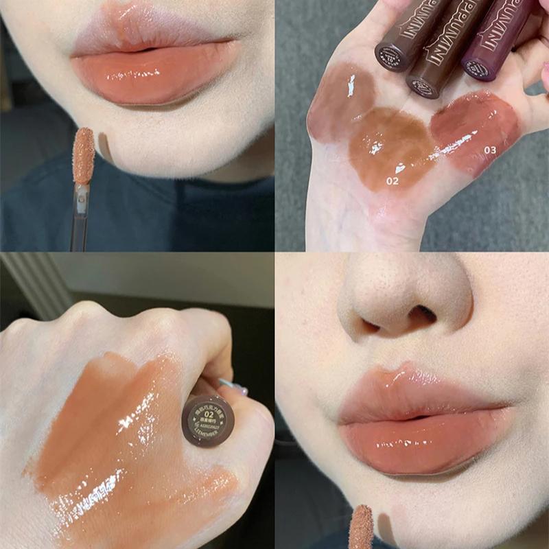 Punk Dark Brown Mirror Water Lip Gloss Red Lip Glaze Transparent Glass Lip Oil Waterproof Liquid Lipstick Clear Tint Makeup