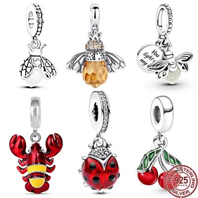 Abalorio colgante de langosta de mariquita roja y luciérnaga que brilla en la oscuridad, cuentas de joyería de plata de ley 925 aptas para pulsera de moda Original