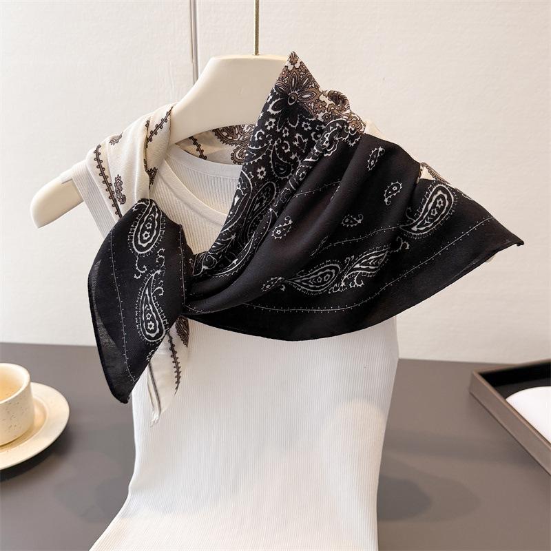 Color Blocked Cashew Herringbone Pattern Cotton Linen Small Square Scarf Silk Imitation Velvet Headscarf Shawl Sunscreen Women