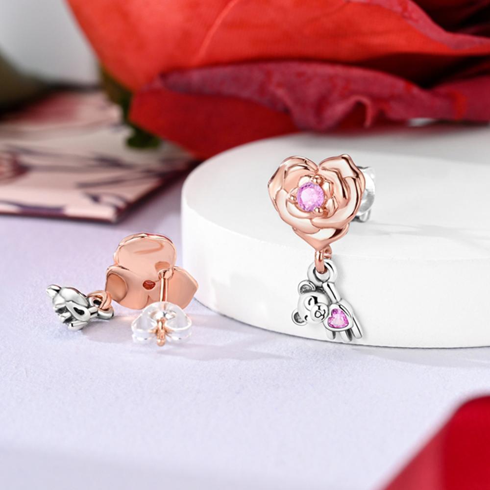 

Silver 925 Rose and Teddy Bear Stud Charming Fashion Earring Fine Jewelry for Women Gift