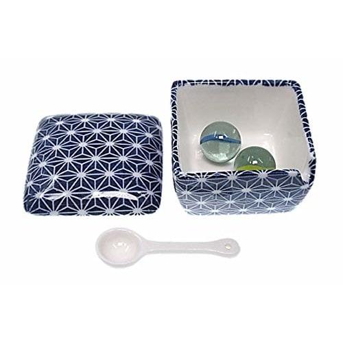 Blue Hemp Leaf Condiment Container, Made in Japan, Ceramic, with Spoon, for Ichimi, Salt, Sansho, Shichimi, and Mustard, Commercial-Grade Tableware, A
