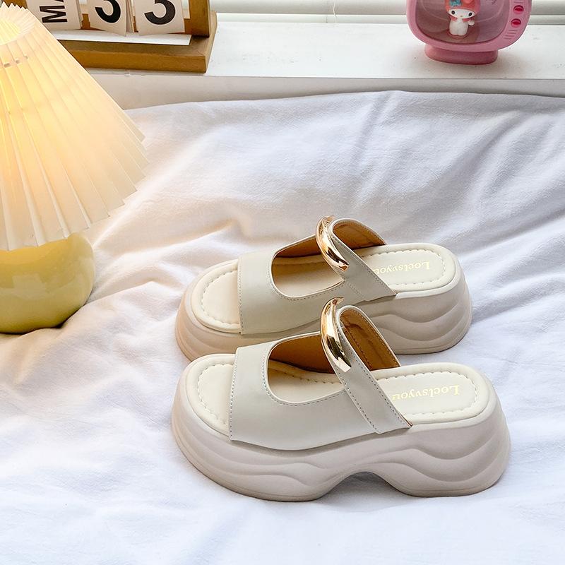 2025 Summer Explosion Comfortable Versatile Thick-soled Threaded High Heels Rear Zipper Waterproof Table Roman Thick-heeled Cool Slippers