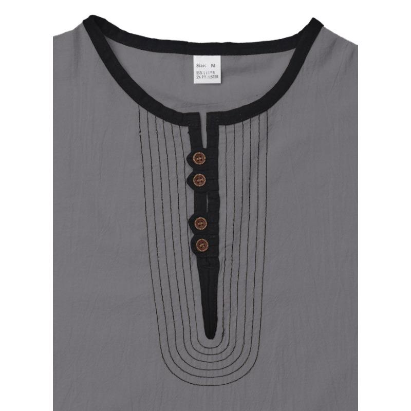 Men's Casual Henley Neck Long Sleeve Tunic Top with Pleated Detail