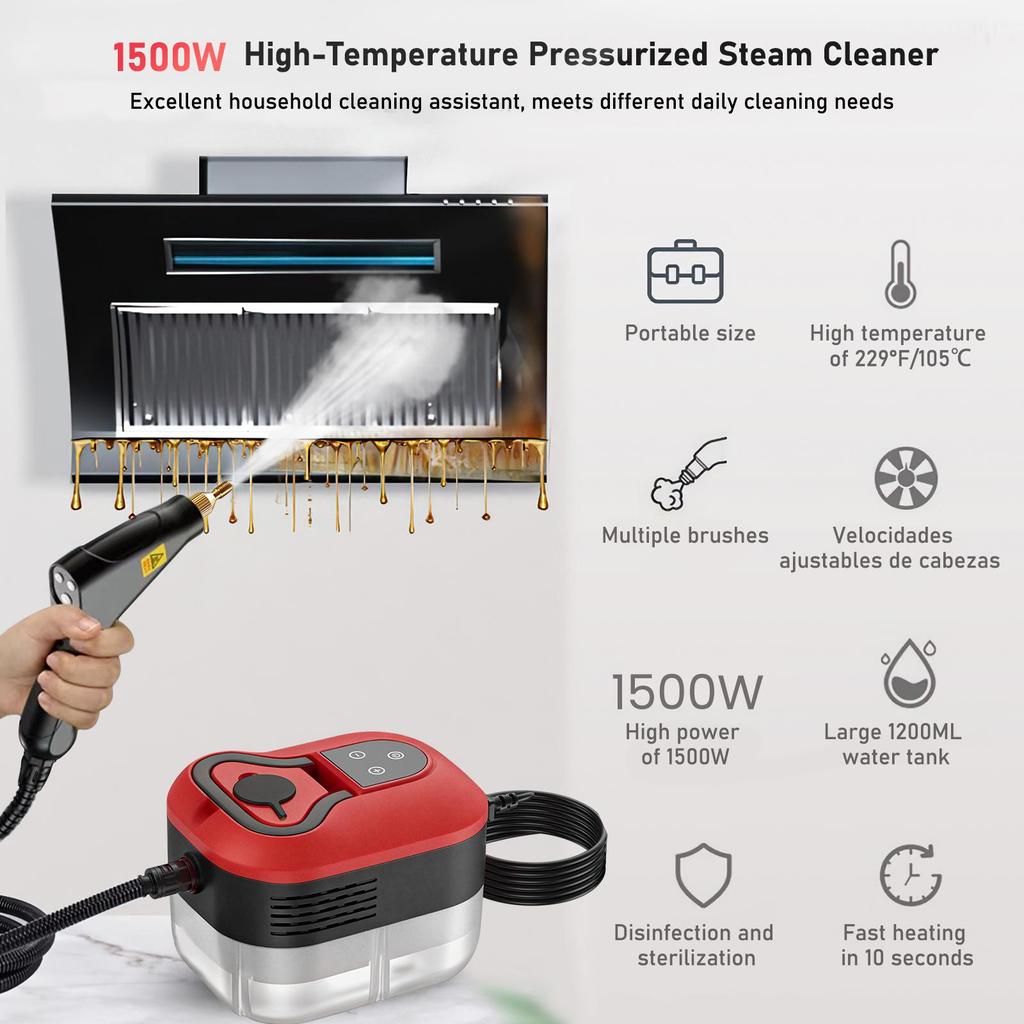 1500W Handheld Steam Cleaner with 4.5 Bar Pressure–1200ml Water Tank, 6 Adjustable Settings for Cars, Air Conditioning Units, Floors, and Kitchens