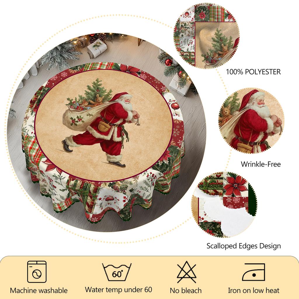 1 Christmas Themed Round And Rectangular Tablecloth, Various Sizes, Antique Santa Claus Pattern Printed Tablecloth, Christmas Garden Tablecloth Decora