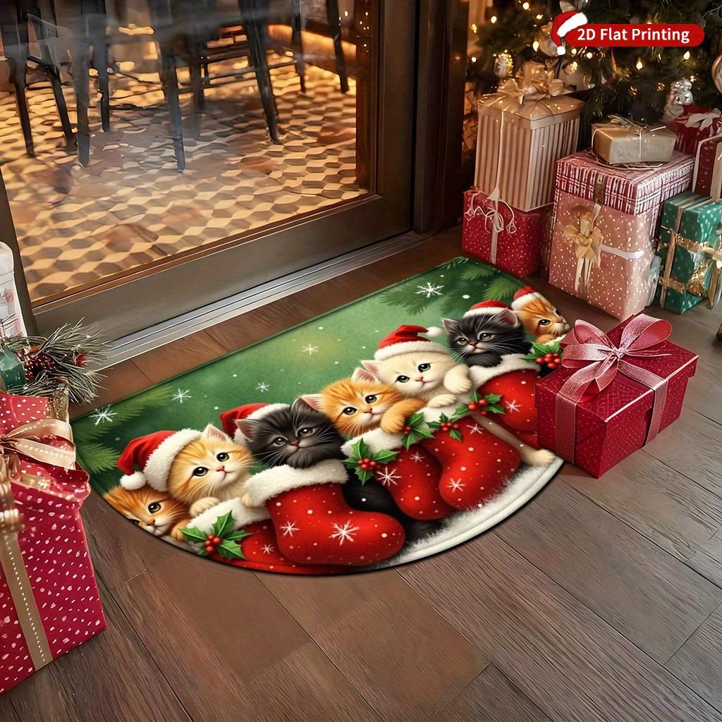 1Pcs Cute Christmas Cat Semi Circle Welcome Doormat Non-Slip for Outdoor Patio Porch Kitchen Bathroom Entryway Floor Mat
