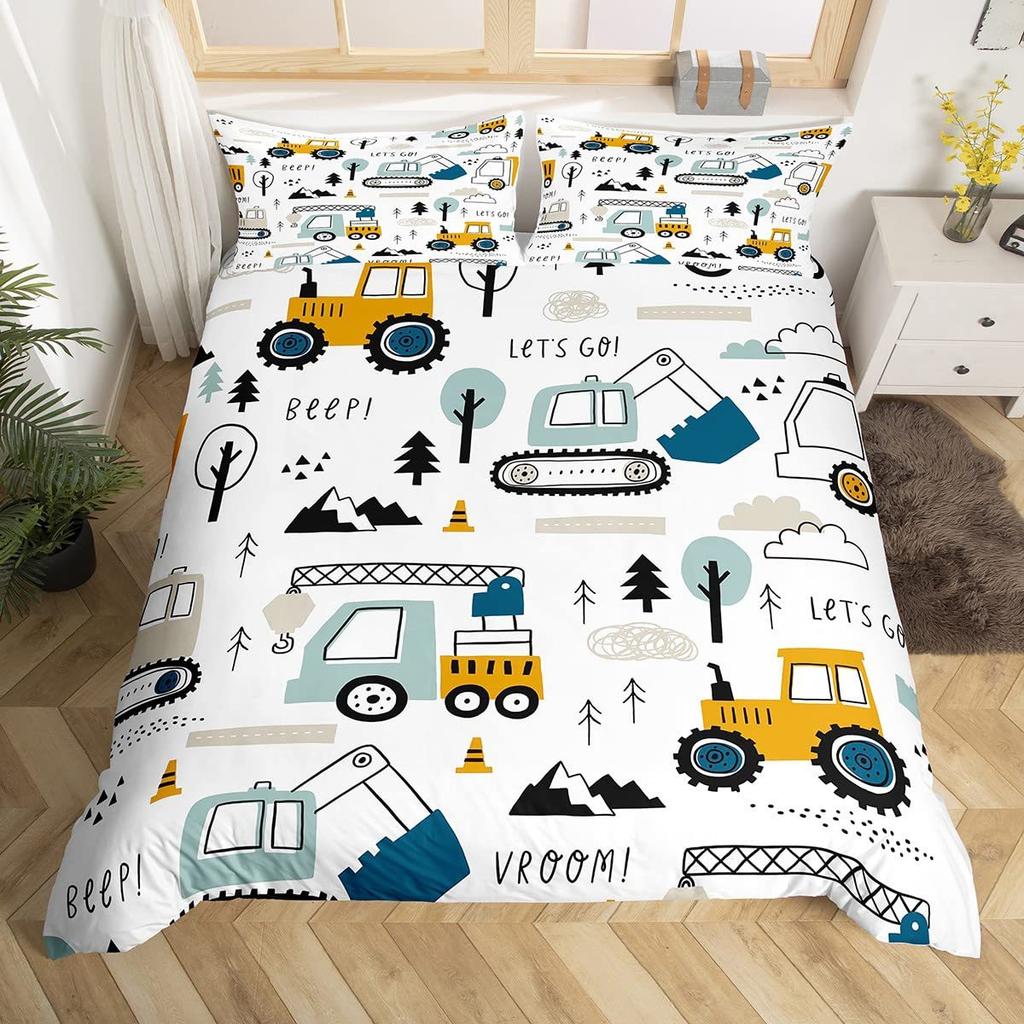 Construction Vehicle Duvet Cover Tractor Excavator Bedding Set Children Boy Bedroom Three-Piece Set