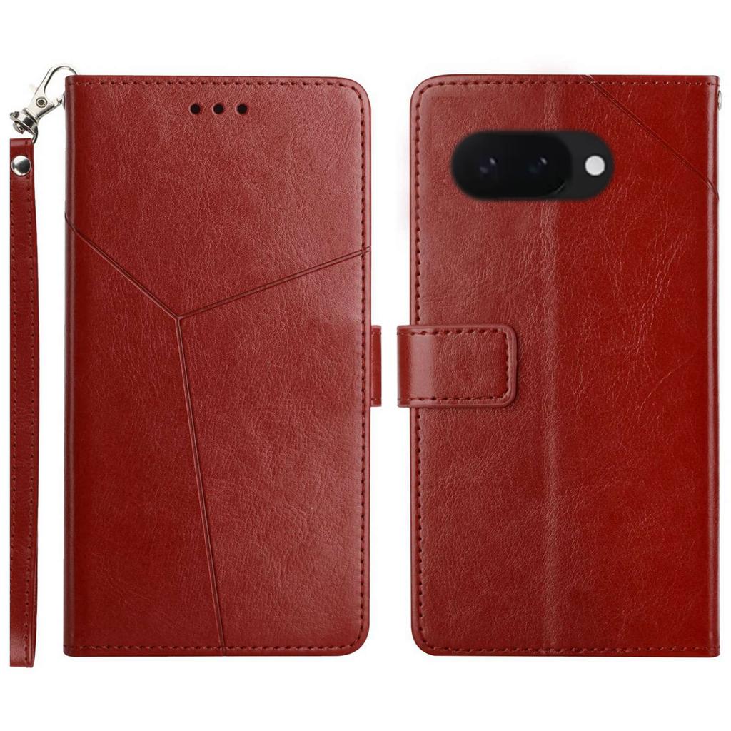 For Google Pixel 9a Case with Wrist Strap Y Shaped Lines Imprint Leather Phone Cover