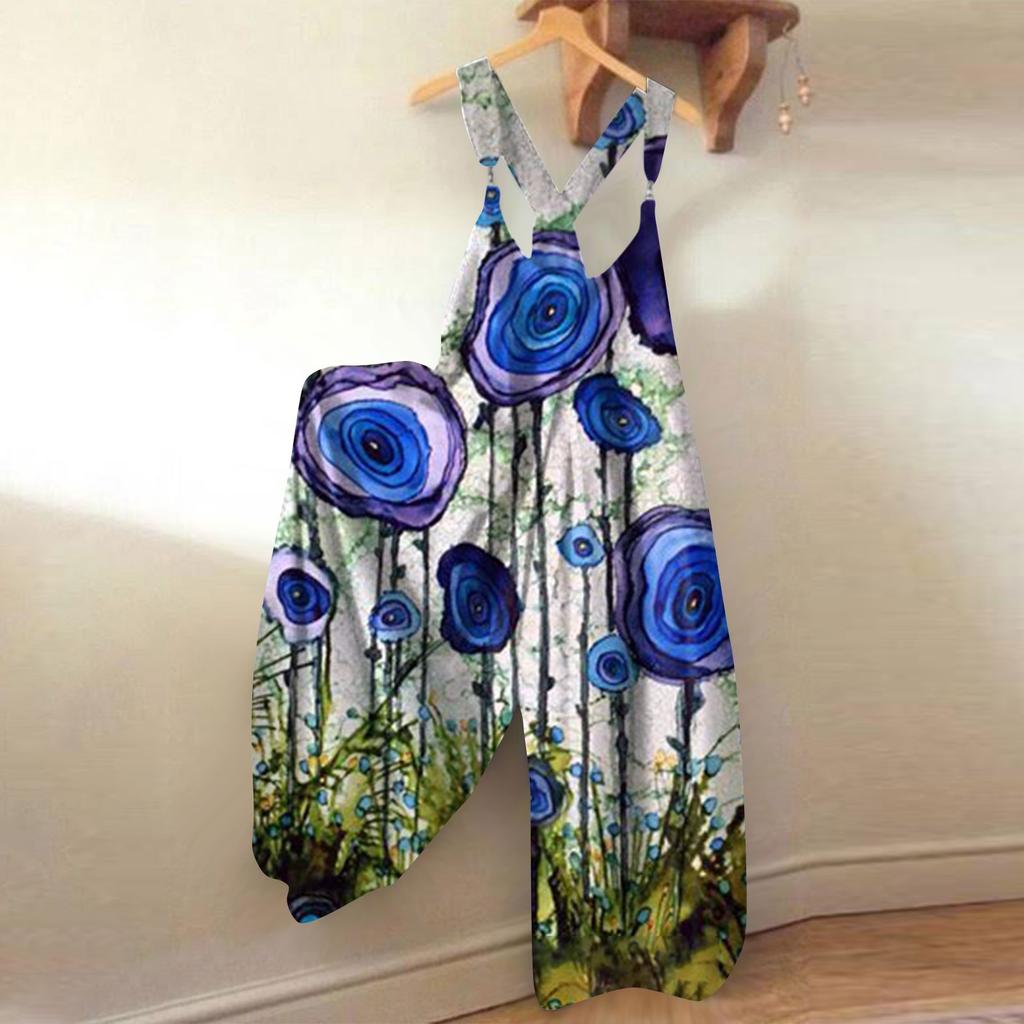 Wide Leg Overalls For Women Casual Loose Sleeveless Jumpsuits Retro Print Metal Button Long Pant Romper Jumpsuit With Pockets