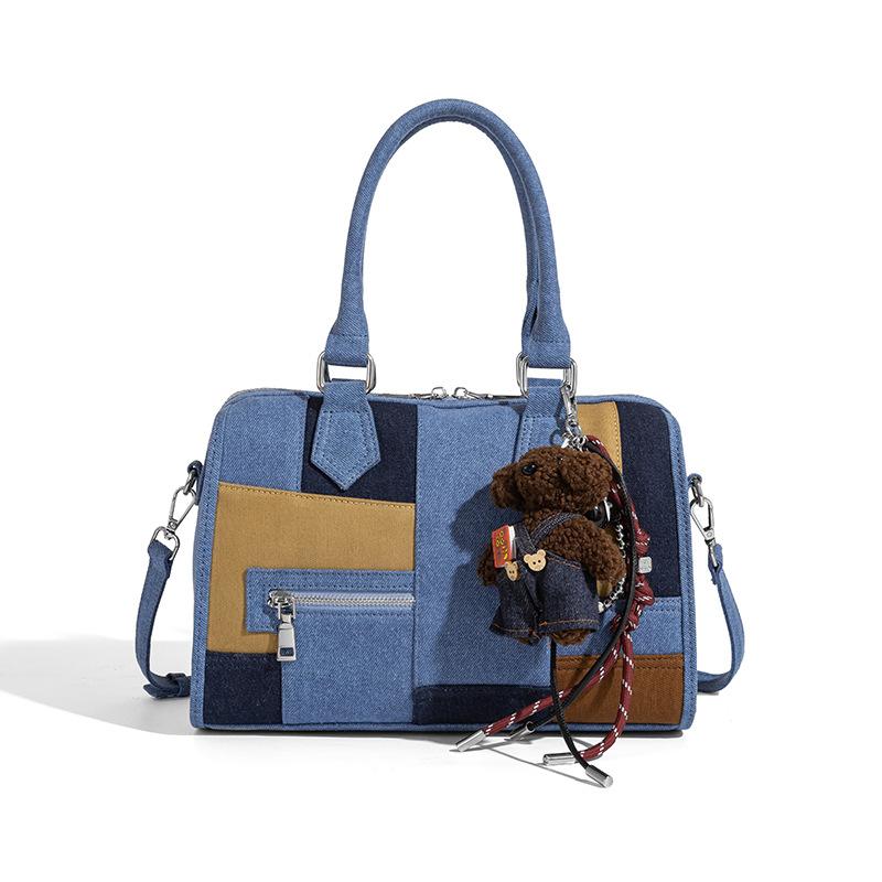 2025 New Trendy Korean Style Boston Bag for Women Fashion Denim Color Block Single Shoulder Crossbody Commuter Tote Bag