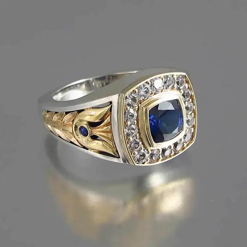 Classic Style Men's Ring for Engagement Noble Temperament Micro Paved Zirconia with Blue Stone Luxury Gift
