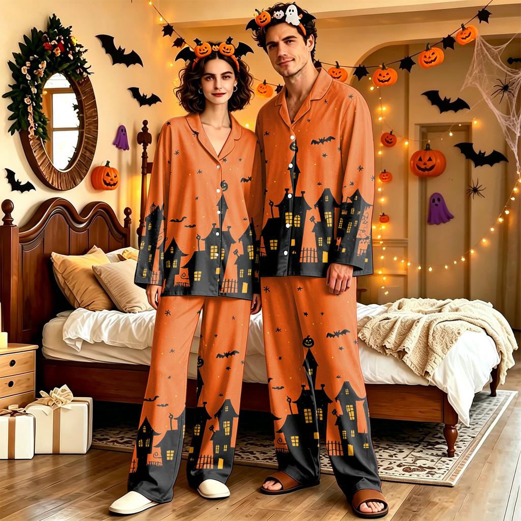 Adult Halloween Pajama Set Long Sleeve Long Pants Casual Loose Fit Sleepwear for Women and Men