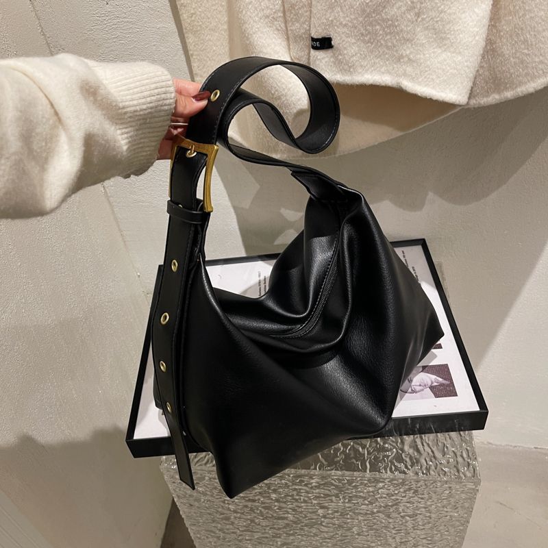 Bag Women's Niche Retro Texture Messenger Bag Wide Shoulder Strap Large Capacity Solid Color Casual Soft Collapsed Shoulder