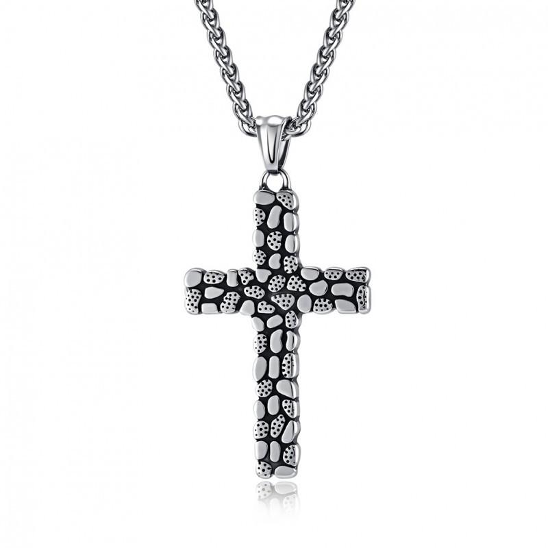 

European American Retro Punk Style Pebble Titanium Steel Cross Necklace Niche Personality Neutral Street Hip-hop Pendant