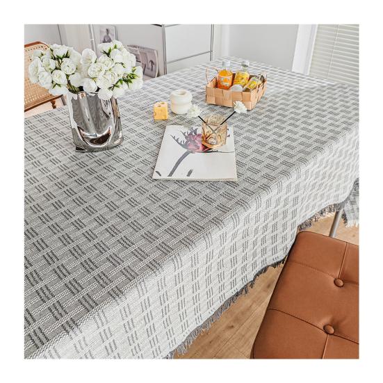 French Grid Tablecloth, Checkered Woven Table Cover for Dining Table, Rectangular Round Desk Mat for Coffee Table Nightstand, Home Decor
