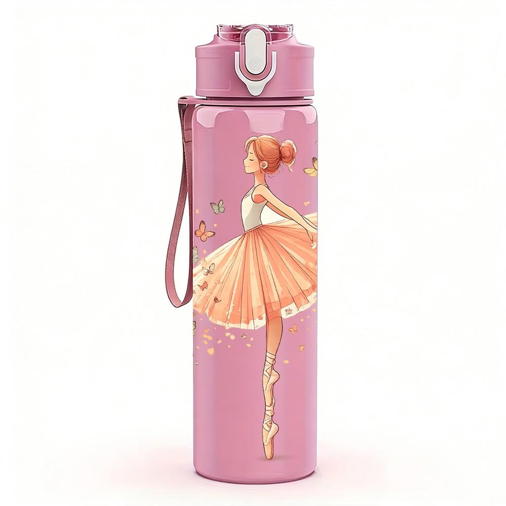 1PC Delicate Pink Ballerina Dancer Print 750ml Color Plastic Sports Water Bottle Leakproof Flip Straw Lid Suitable for Sports Office Home Use