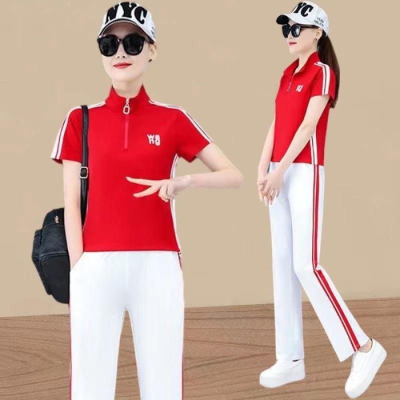 Casual Sports Suit Women's Stand-up Collar Short-sleeved Summer Fashion Age-reducing Straight Pants Two-piece Set