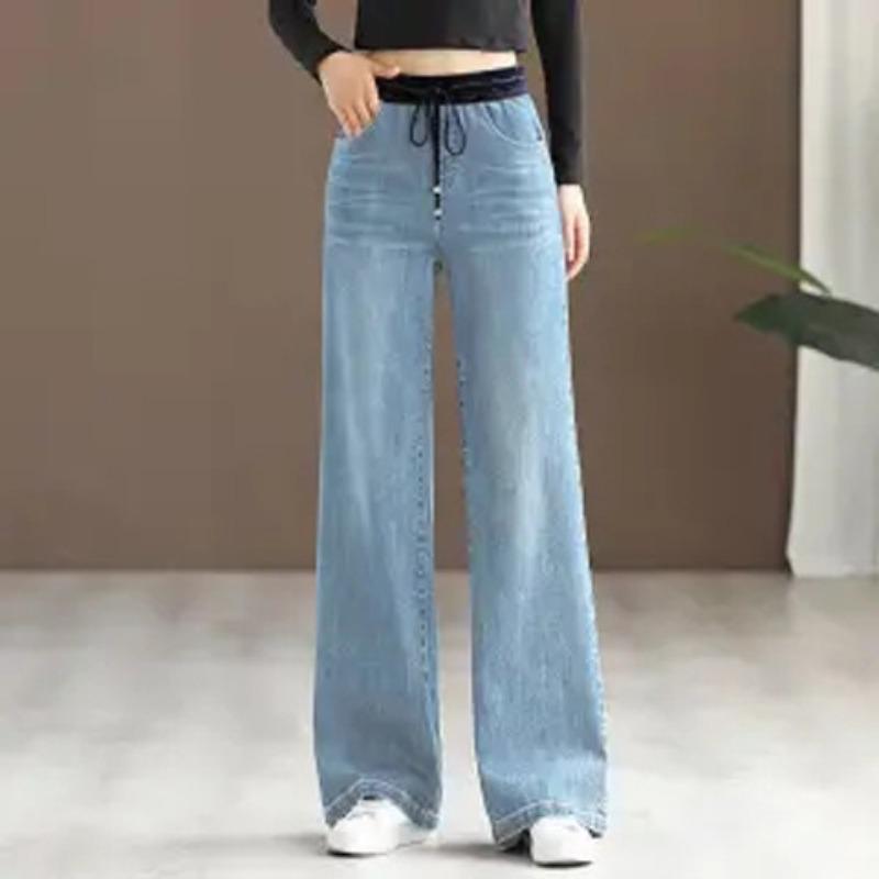 Lässige Jeans mit weitem Bein für Damen, Patchwork, hohe Taille, Vintage, Baggy, Vaqueros, Frühlings-Jeanshose mit Schnürung, gerade