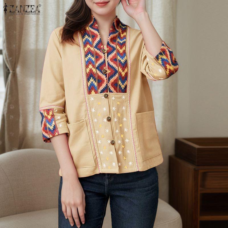 ZANZEA Women Ethnic Print Casual V-Neck 3/4 Sleeve Loose Blouse