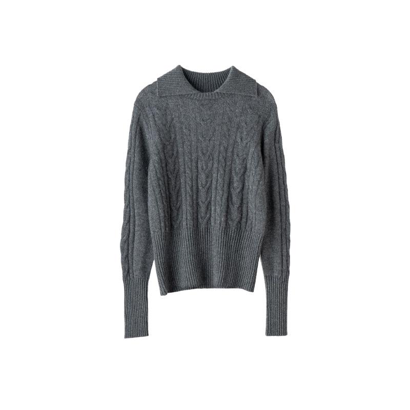 Women's Cable Knit Cashmere Lapel Sweater - Thick, Warm, Long Sleeve, Loose Fit